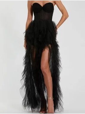 Mac Duggal Strapless Black Tulle High-Low Feathered Gown